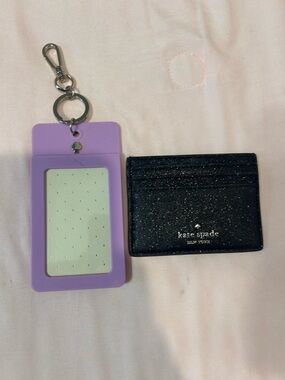 kate spade black glitter card case with lilac ID badge holder